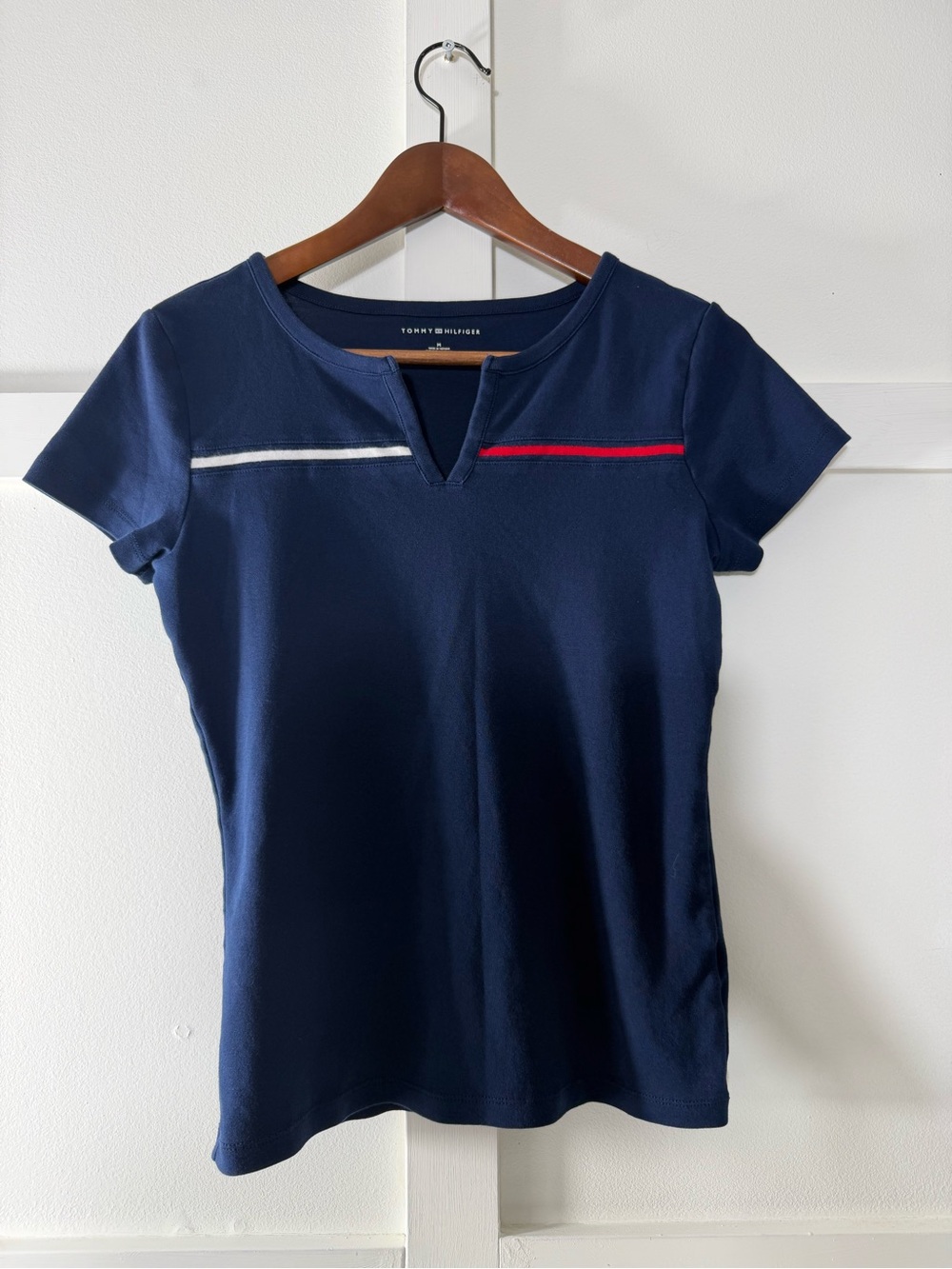 Tommy Hilfiger Navy Tee with White and Red Stripe Accents
